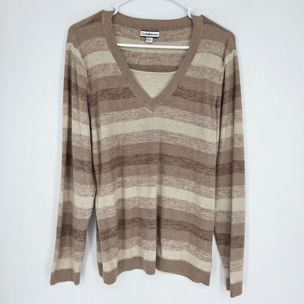 Croft & Barrow Womens XL Brown Beige Striped V-Neck Sweater Cotton Fall Fashion